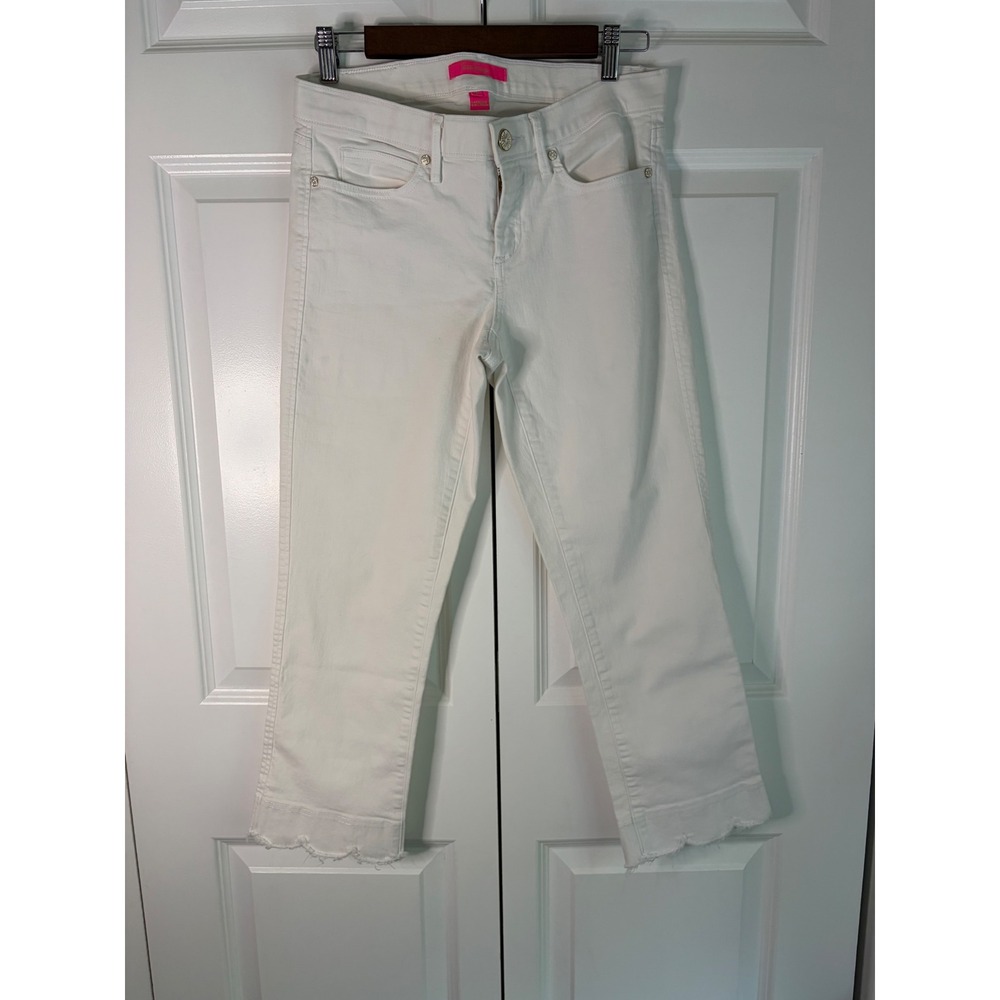 Lilly Pulitzer South Ocean Slim Crop Resort White Raw Scalloped Hem Jeans Size 8